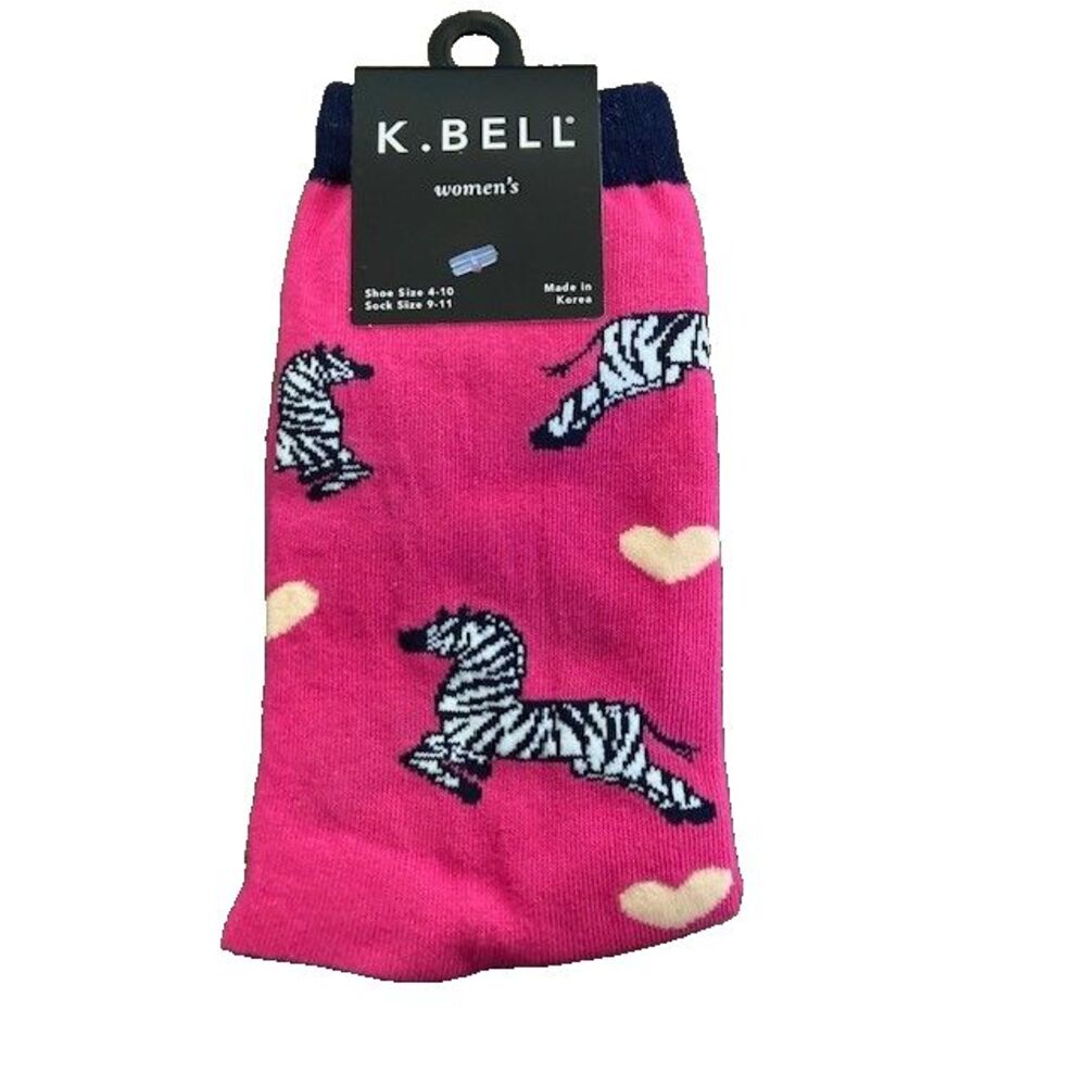K. Bell Womens Crew Socks Pink Zebra Heart Novelty Shoe Size 4-10